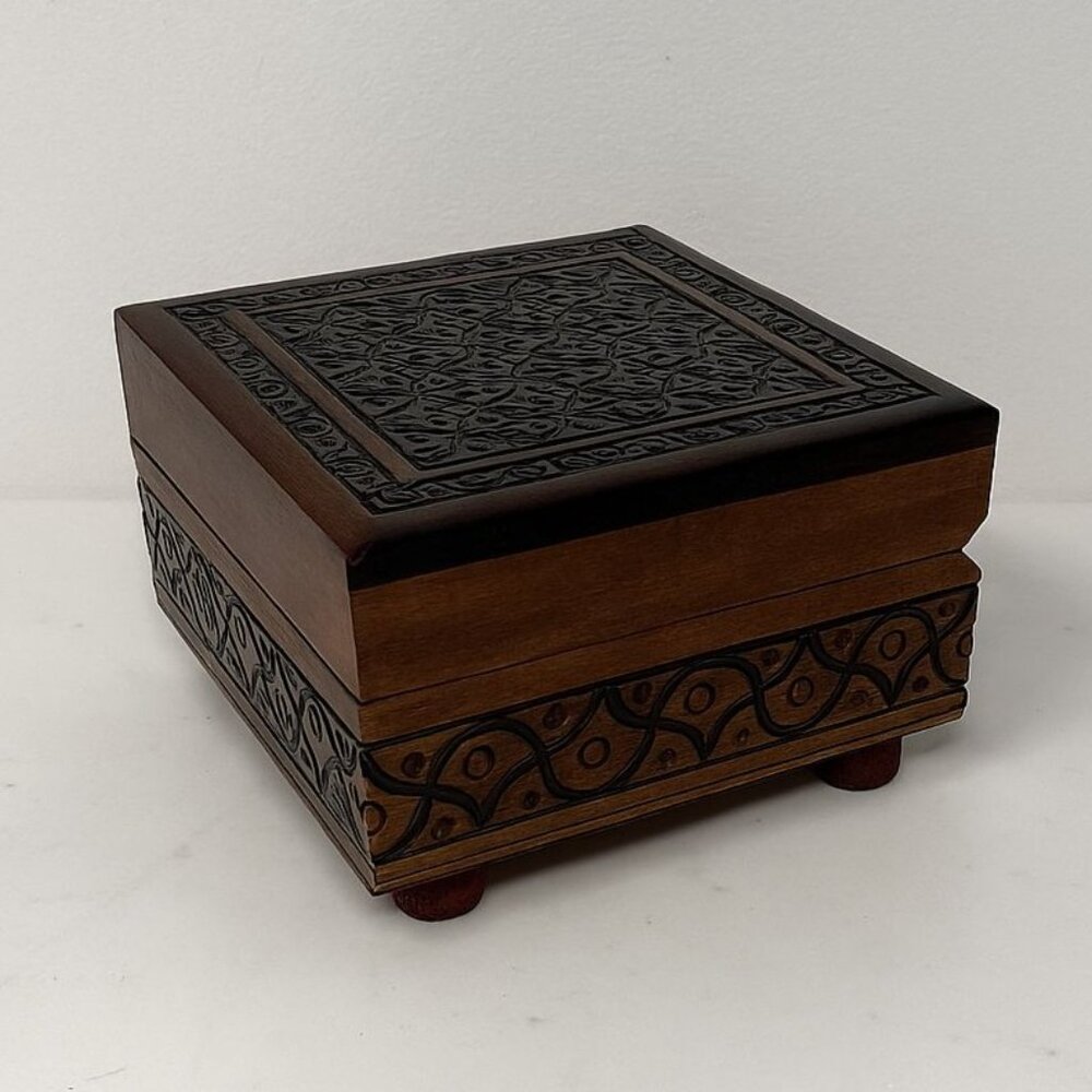 Vintage Polish Carved Wood Box Footed Jewelry Trinket Box with Red Felt Interior